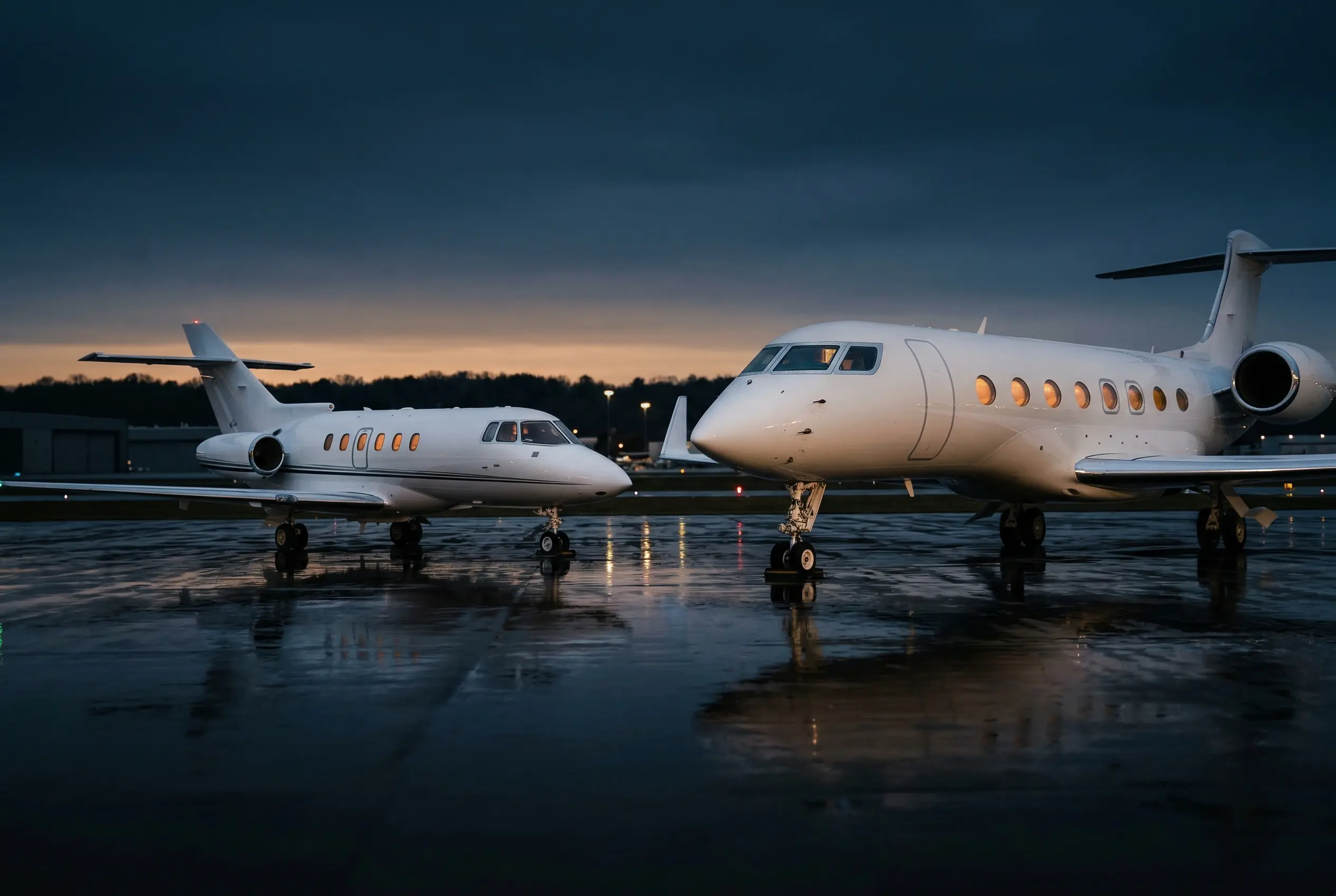 Two private jets parked side by side on the ramp at twilight — midsize and large-cabin aircraft available for New York departures